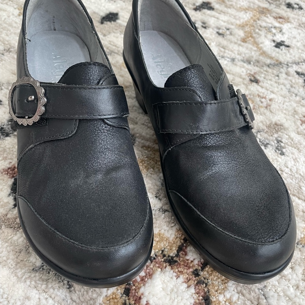 Alegria Black Slip-On Mules with Decorative Buckle